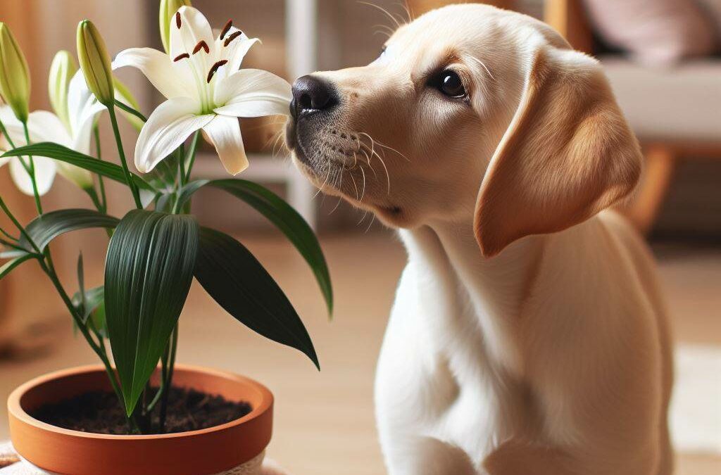 labrador Welpe mit griftiger Zimmerpflanze